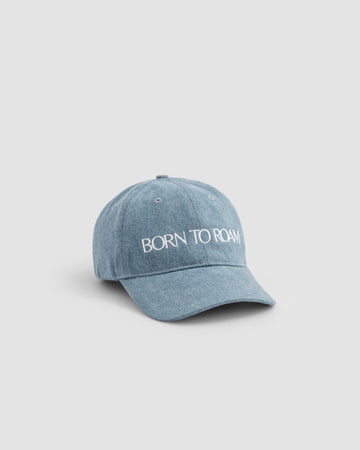 Born To Roam Queens Classic Denim Baseball Cap with adjustable strap and embroidered logo, casual headwear for outdoor wear.