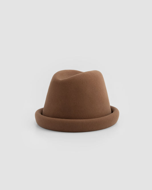 Born To Roam Alpine pillbox hat in chocolate brown with a rounded crown and narrow brim, stylish and versatile for outdoor wear.