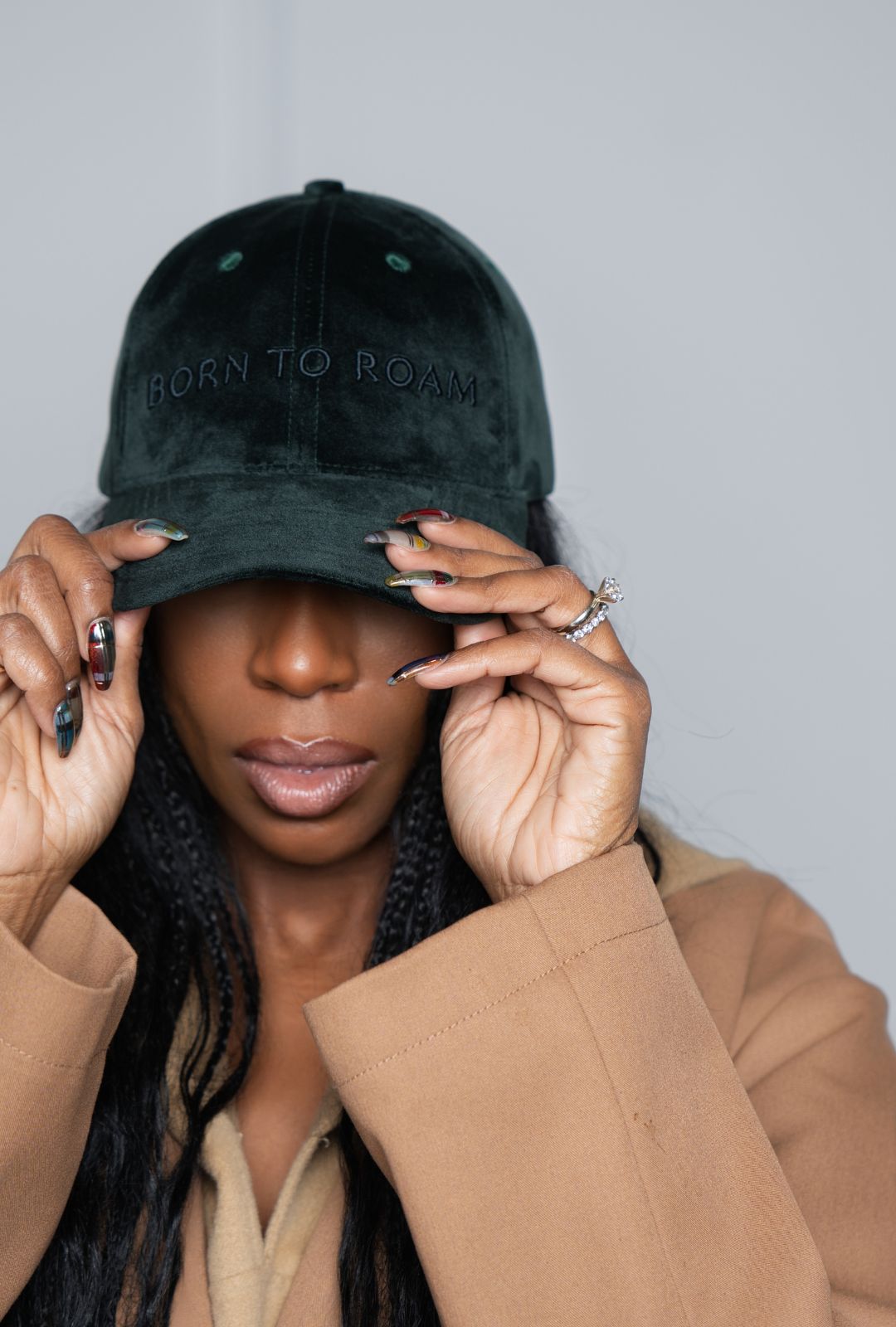 Born To Roam Queens Velvet Dark Green Baseball Cap with curved brim and embroidered logo, made of soft velvet fabric.