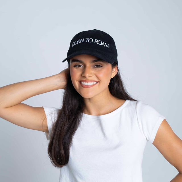 Black Queens baseball cap by Born To Roam, featuring a classic design with adjustable strap and embroidered logo.