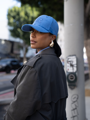 Born To Roam Bronx Velvet Blue Baseball Cap with curved brim and adjustable strap, stylish casual headwear for men and women.