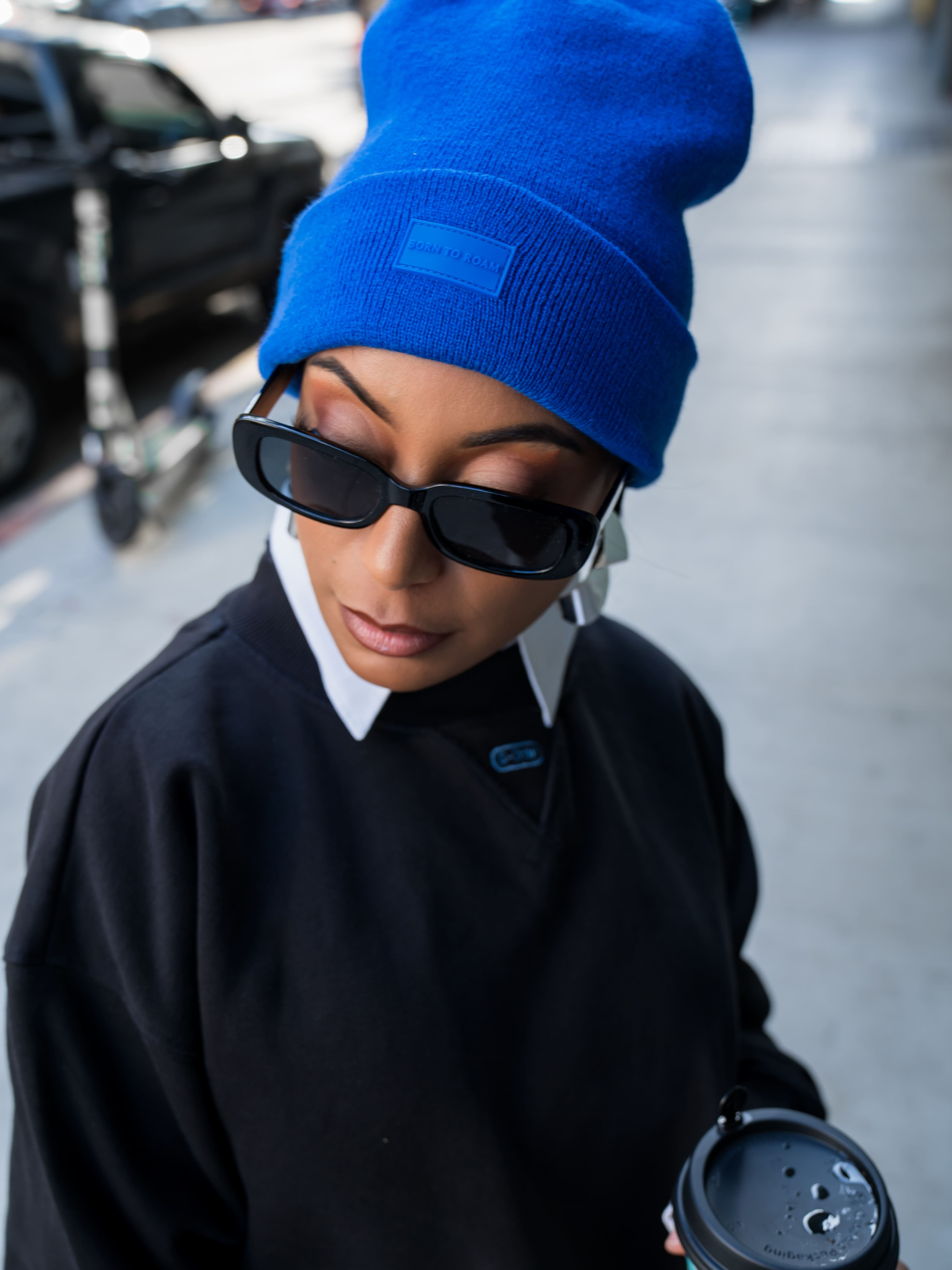 Cobalt blue Vail Knit Beanie by Born To Roam featuring a snug, ribbed knit design and a folded cuff for warmth and style.