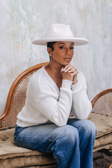 Unisex ivory fedora hat from Born To Roam's Galilee Rancher collection, featuring a wide brim and stylish design.