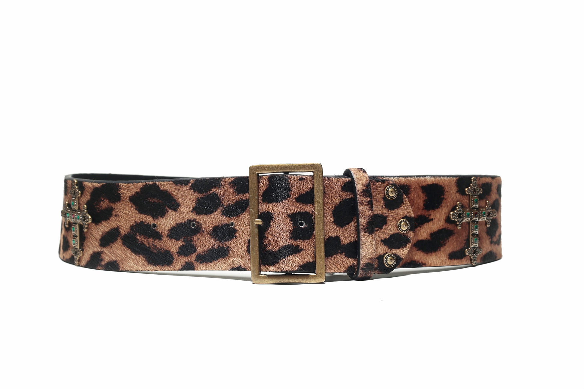 Leopard print Roma calf hair belt by WeAreBornToRoam, featuring a stylish, textured design and a sleek buckle closure.